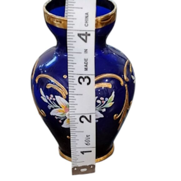 Vintage Mini Cobalt Blue Glass Vase, Gold Trim, 3D Hand painted Floral Design - Picture 9 of 10